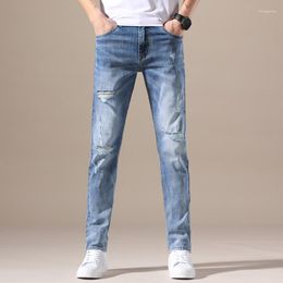 Men's Jeans Summer Autumn Ripped Cotton Soft Straight Midweight Light Blue Casual Denim Pants Male Brand Clothing