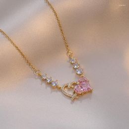 Pendant Necklaces Exquisite Pink Heart Necklace Stainless Steel Golden Zircon Double For Woman Luxury Quality Jewelry Gift