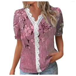 Women's T Shirts V Neck Lace Trim Floral Print Cropped Ruffle Blouson Short Sleeve Lightweight Casual Street Style Solid Color Top