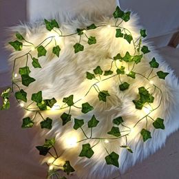 Faux Floral Greenery 2Meter Silk Fake Green Leaf Ivy Vine with LED Lights String for Home Bedroom Decor Wedding Glowing Artifical Plant Garland Decor 230823