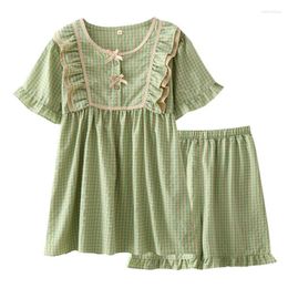 Women's Sleepwear 1 Household To Take Female Cotton Printed Green Grid Nightgown Summer Bud Silk Pajamas Lady With Short Sleeves