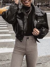 Women's Leather Faux Leather Y2K Women Plaid Embossing PU Leather Jacket With Quilted Lining Long Sleeve Cropped Coat Loose Short Outwear Black 230823