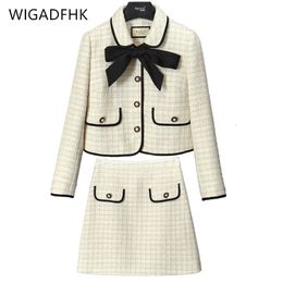 Two Piece Dress HighQuality Small Fragrant Tweed Suit Female Autumn Western Style Bow Tie Short Jacket Aline Skirt Elegant TwoPiece Suit 230823