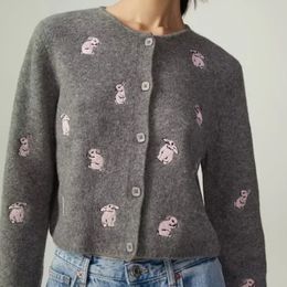 Women's Jackets Spring And Autumn Women's Gray Rabbit Embroidery Crewneck Single Breasted Long Sleeve Knitted Cardigan Cute 230824