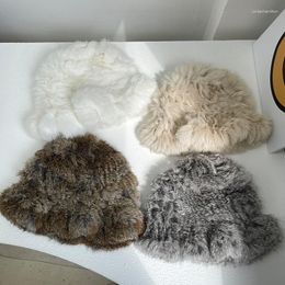 Berets Fashion Warm Fur Bucket Hat Women Winter Fisherman Cap Knit Adjustable Head