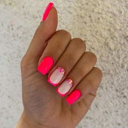 False Nails Long Square Aurora Crush Flowers Full Cover Fake Nials Detachable Rose Red French Press On DIY