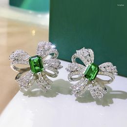 Stud Earrings Luxury 925 Sterling Silver Emerald High Carbon Diamond For Women Bowknot Wedding Party Fine Jewelry 2023 Gift