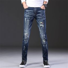 2020 Fashion Casual Jeans Mens Straight Stretch Dot Craft Little Feet Skinny Jens Men Scratched Blue Hole Denim Tide Pants ES686272D