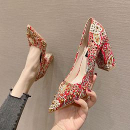 Dress Shoes 7cm Fashion Thick High Heels Female Pumps Pointed Toe With Rivet Wedding Bride For Women 39