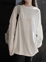 Women's T Shirts ENjoyce 2023 Autumn Women Simple Round Neck Long White T-Shirts Ladies Casual Inside Sleeve Pullovers Tee Bottom Shirt Tops