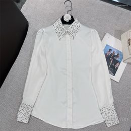 Women's Blouses Luxury Turn Down Collar Diamonds Beaded Faux Silk Shirts Early Autumn OL Satin Blouse Rhinestones Cardigan Long Sleeve Crop