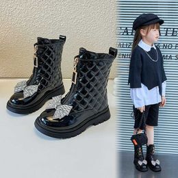 Boots Girls Autumn New Glossy Chelsea Boots 2023 Winter New Kids Versatile Rhinestone Bow Little Princess Casual Korean Style Boots L0824