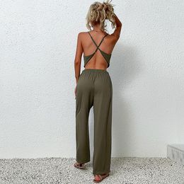 Women's Two Piece Pants Women Pant Suits Summer Backless Crop Tops Wide Leg Long Trousers 2 Set Fashion Sexy Off Shoulder High Waist Elegant
