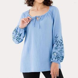 Women's Blouses Tie O-neck T-shirt Flower Print Long Sleeve Pullover Tops Hollow Out Lace-up With Loose Fit Pleated