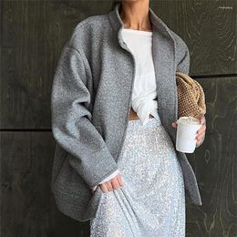 Women's Jackets Women Autumn Winter Gray Faux Wool Jacket Coat Fashion Warm Long Sleeve Snap Button Pockets Office Lady Outerwear