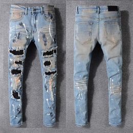 Fashion Men's Jeans Runway Slim Racer Biker Jeans #1135 Hiphop Skinny Men Denim Ripped Joggers Pants Male Wrinkle Jean Trouse232N