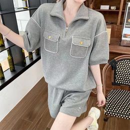 Casual Women Tracksuit Shirt Shorts Pockets Short Sleeved Hoodie Fashion Letter Elastic Waist Shorts Gold Button Blouse Sports Set