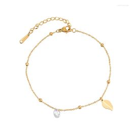 Charm Bracelets Simple Design Love Leaf And Crystal Bracelet For Women Stainless Steel Small Bead Chain Fashion Jewelry Wholesale