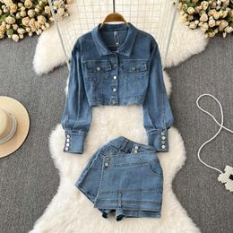 Women's Tracksuits Zoctuo Denim Women Shorts Suits Vintage Long Sleeve Jeans Jacket Coat And Mini Skirts Fall Button Two-piece Outfits