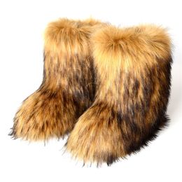Boots Winter Fuzzy Women Furry Shoes Fluffy Fur Snow Plush lining Slip on Rubber Flat Outdoor Bowtie Warm Ladies Footwear 230823