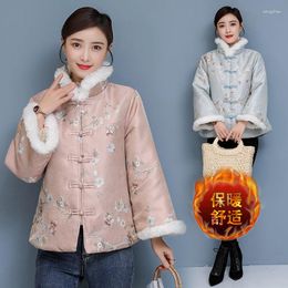 Women's Trench Coats Winter Chinese Style Retro Printing Jacquard Thick Quilted Faux Fur Short Coat Cotton Padded Jacket Stand Up