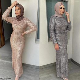 Casual Dresses Middle East Modest Sexy Sequin Tassel Slim Dress Muslim Clothing Women Party Vestidos Robe Femme Vetement