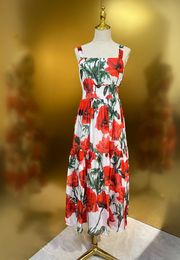 Italian Designer, 2023 New Hanging strap large swing red flower long skirt