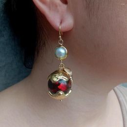 Dangle Earrings KKGEM Cultured White Pearl 19mm Red Murano Glass Drop 18kt Gold Over Sterling Hook