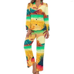 Women's Sleepwear Colorful Tropical Pajamas Long-Sleeve Beach Landscape Two Piece Leisure Pajama Sets Spring Female V Neck Cute Home Suit