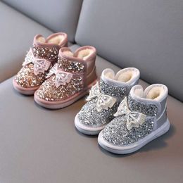 Boots Girls Snow Boots 2022 Winter New Children's Shoes Rhinestone Bow Kids Warm Cotton Shoes Soft Sole Princess Shoes L0824