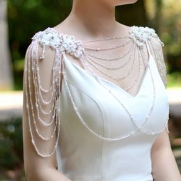 Navel Bell Button Rings Elegant wedding dress pearl crystal shoulder chain Jewellery flower lace beaded breast chain design woman tassel necklace accessor 230823