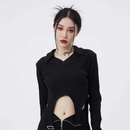 Women's Polos Beauty Spring Autumn Fashion Short Top Solid Color High Street U-shaped Design Lapel Long Sleeve Waist Sexy Party Sweater