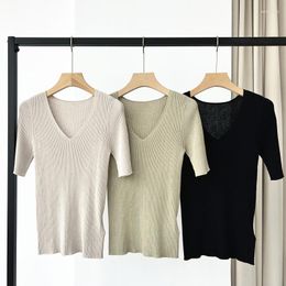 Women's Sweaters 2023 Spring/Summer Knitted Seamless V-neck Short Sleeve T-shirt Solid Colour Simple Slim Fit Straight Elastic Overlay