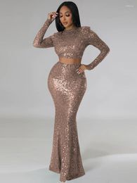 Women's Two Piece Pants Seductive Sequin Dress Suits Woman Long Sleeve Turtleneck Crop Top With High Waist Bodycon Trupmet Skirt Matching