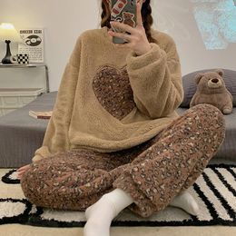 Women's Sleepwear Winter Pajama Set Fleece Long Sleeve Warm Laides 2 Pcs With Pant Flannel Leopard Print Loose Pijama For Female
