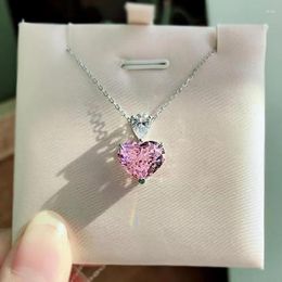 Pendant Necklaces Fashion Trend Silver Colour Pink Love Heart Zircon Clavicle Necklace Elegant Delicate Women Jewellery Party Gift