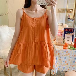 Women's Sleepwear Style Can Be Worn Out In Fairy Woven Cotton Suspender Set For Summer Thin Shorts Pajamas Solid Color Loose