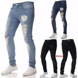 Mens Casual Skinny Jeans Pants Solid ripped jeans Ripped Beggar Knee Hole Youth Men219a