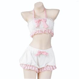 Women's Sleepwear Sweet Cute Bow Bloomers Tube Top Suit Sexy Ruffles Pajamas Lace-up Underwear Small Sling Split Swimsuit Girl Shorts