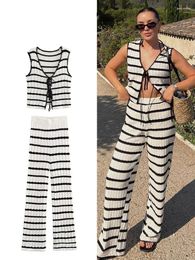 Women's Two Piece Pants Crochet Striped Lace-Up Tops & Knitted Set High Waist Wide Leg Trouser Tank Vest 2 For Women Commuter Outfits