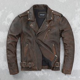 Men's Jackets Cowhide Leather Coat Retro Distressed Motorcycle Cycling Clothing Trendy Youth LapeSpring and Autumn 230824