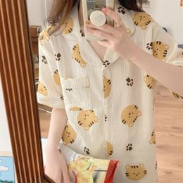 Women's Sleepwear Cute Tiger Print Summer Pyjamas Set Women Single Breasted Shirts Shorts Suit Cotton Casual Homewear Cartoon Pockets