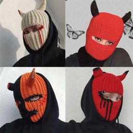 Beanie Skull Caps Halloween Funny Horns Knitted Hat Beanies Warm Full Face Cover Ski Mask Hat Windproof Balaclava Hat for Outdoor 3028