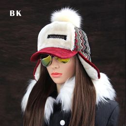 Winter Faux Cashmere Bomber Hat Women Earflap Caps Faux Fur Pompom Snow Hats Adjustable Bohemian Winter Russian Ushanka D19011503284K