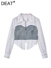 Two Piece Dress DEAT Women's Embroidery Flowers Striped Zipper Long Sleeve Shirt High Waist Mermaid Denim Skirt Autumn Fashion 29L3198 230824