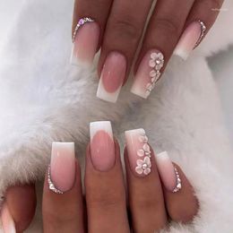 False Nails 24Pcs Simple French With Flower Designs Gradient White Mid-length Square Press On Coffin Full Cover Nail Tips