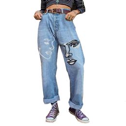 Women's Jeans Streetwear Abstract Face Print Jean Women Autumn Vintage Loose Straight Denim Pants Female Mopping Floor Trousers s1442 230823