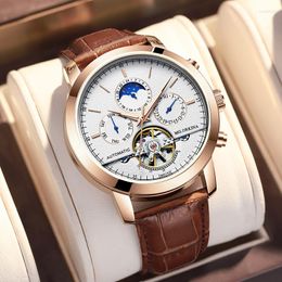Armbanduhr Mg.orkina Automatische Uhr Männer Luxus Tourbillon Skelett Zifferblatt mechanischer Tag Datum Sonnenmond Phase Lederband Mann Mann