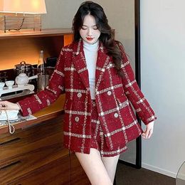 Women's Tracksuits High Quality Winter Red Plaid Tweed 2 Piece Set Fashion Women Notched Double-Breasted Thick Loose Blazer Coat Shorts