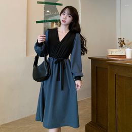 Casual Dresses Bow Tie Up Contrast Color V-Neck Dress Women's Autumn Patchwork Style Long Vestidos With Belt Slim Fairy Retro